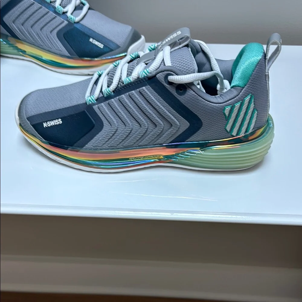 K-Swiss Gray Sneakers with Teal Accents and Iridescent Midsole